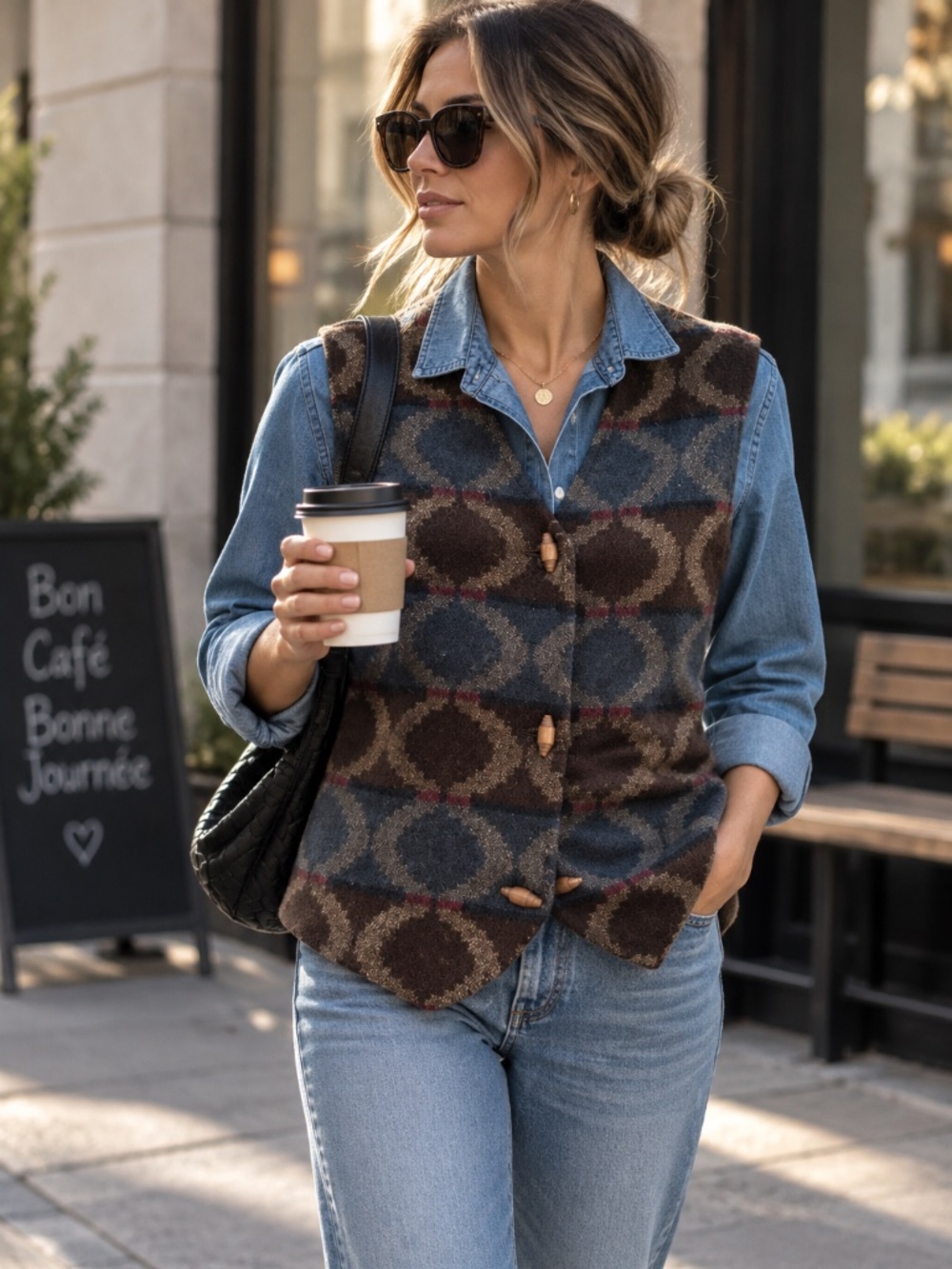 Source Unknown Brown & Navy Patterned Vest with Toggle Closures